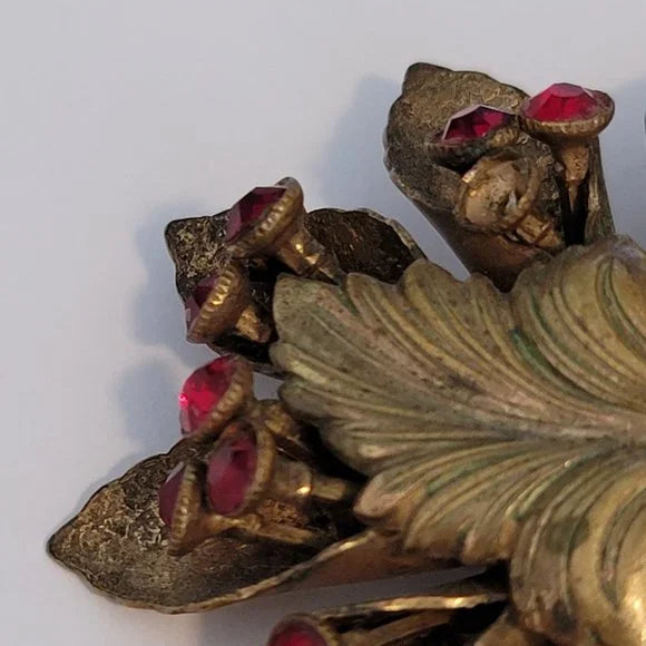 Vintage Gold Tone Red Rhinestone Brooch