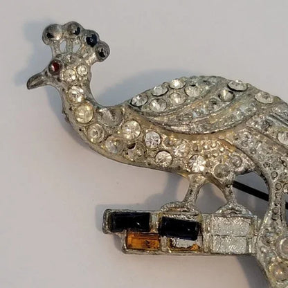 Vintage Silver Tone Rhinestone Peacock Brooch