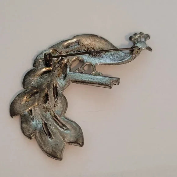 Vintage Silver Tone Rhinestone Peacock Brooch