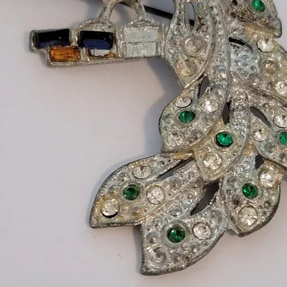 Vintage Silver Tone Rhinestone Peacock Brooch