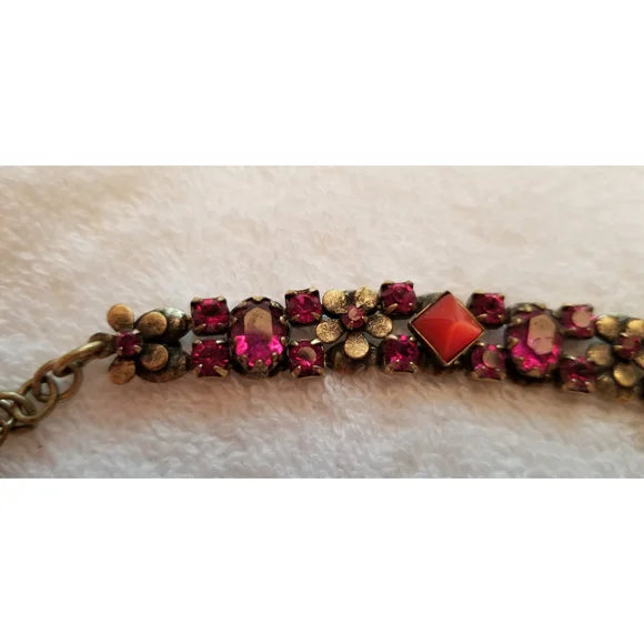 Fuschia & Orange Rhinestone Flower Bracelet