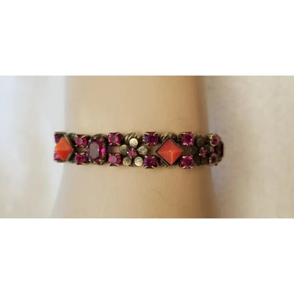 Fuschia & Orange Rhinestone Flower Bracelet