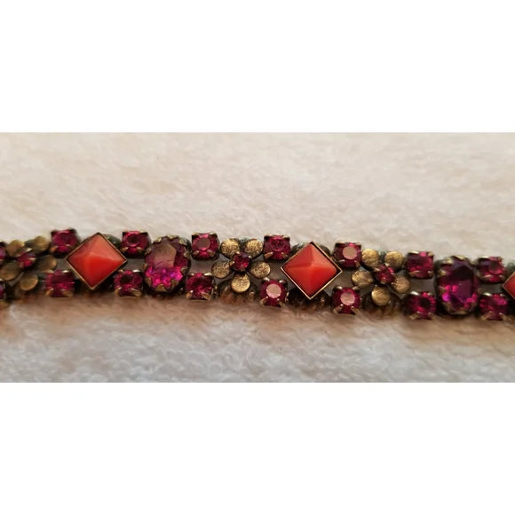Fuschia & Orange Rhinestone Flower Bracelet