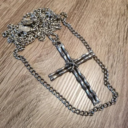 Silver Tone Double Strand Cross Necklace