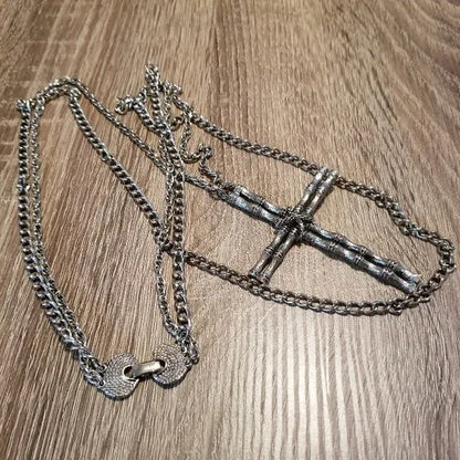 Silver Tone Double Strand Cross Necklace
