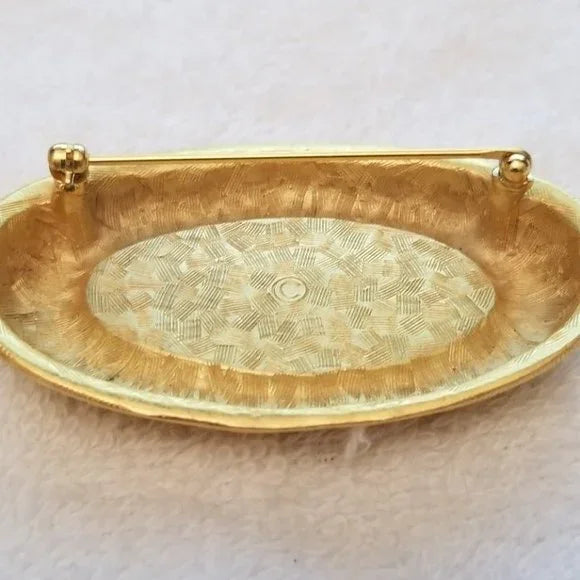 Gold Tone Beige Oval Brooch