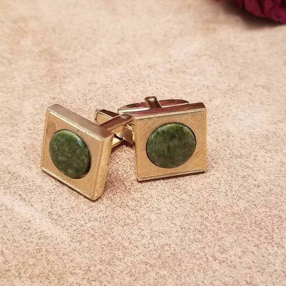 Sarah Coventry Gold Tone Cufflinks With Green Jade
