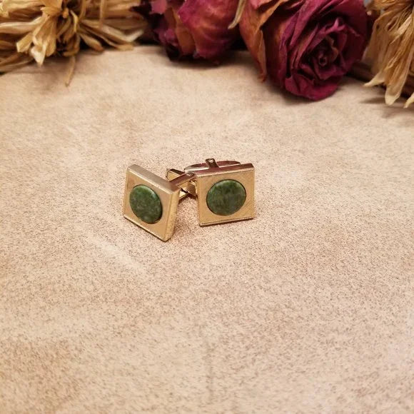 Sarah Coventry Gold Tone Cufflinks With Green Jade