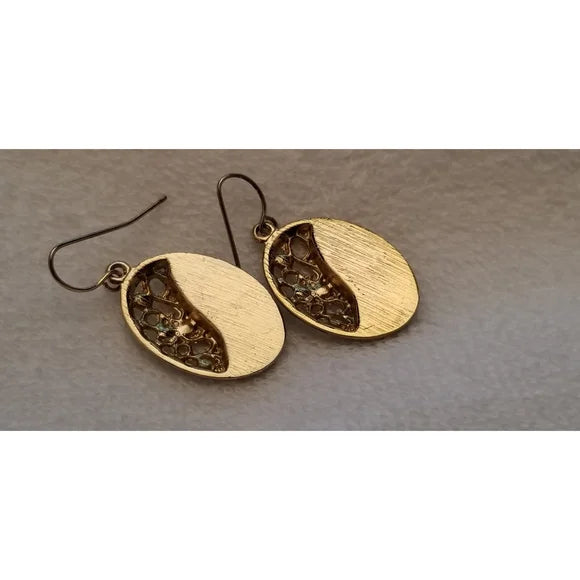 Gold Tone Oval Abalone Dangle Earrings with Rhinestones