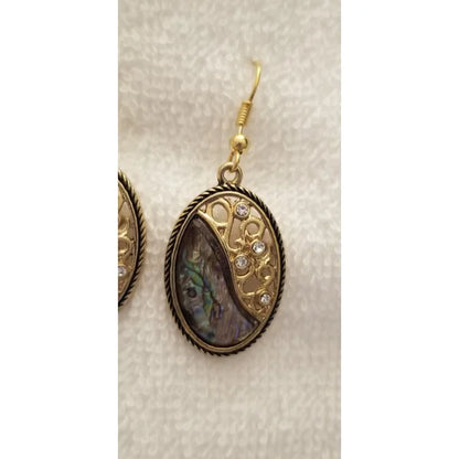Gold Tone Oval Abalone Dangle Earrings with Rhinestones