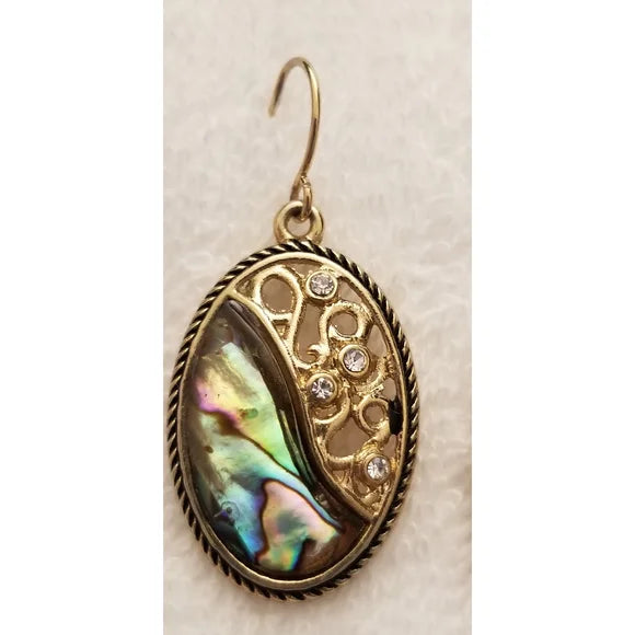 Gold Tone Oval Abalone Dangle Earrings with Rhinestones