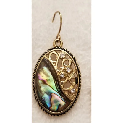 Gold Tone Oval Abalone Dangle Earrings with Rhinestones