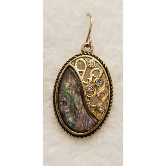 Gold Tone Oval Abalone Dangle Earrings with Rhinestones