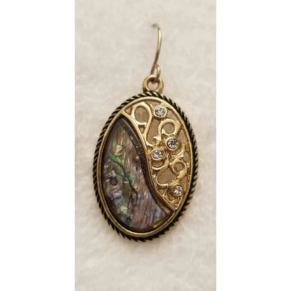 Gold Tone Oval Abalone Dangle Earrings with Rhinestones