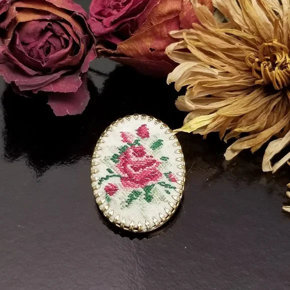 Vintage Cross Stitch Rose Cameo Brooch
