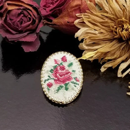 Vintage Cross Stitch Rose Cameo Brooch
