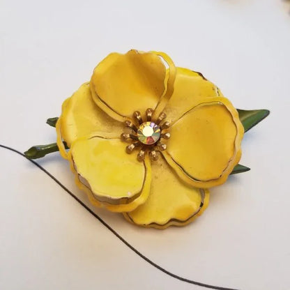 Vintage Yellow Rhinestone Metal Flower Brooch