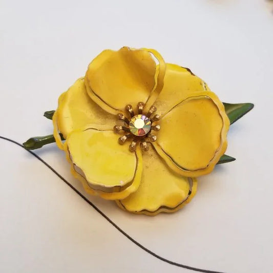 Vintage Yellow Rhinestone Metal Flower Brooch