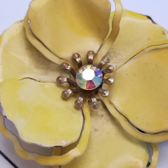 Vintage Yellow Rhinestone Metal Flower Brooch