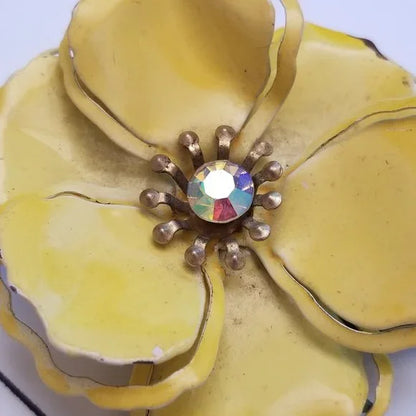 Vintage Yellow Rhinestone Metal Flower Brooch