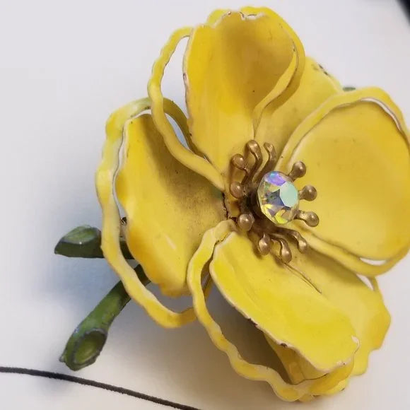 Vintage Yellow Rhinestone Metal Flower Brooch