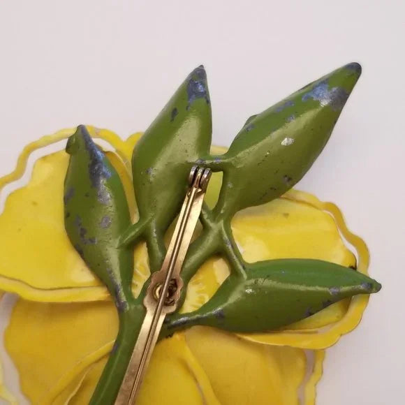 Vintage Yellow Rhinestone Metal Flower Brooch