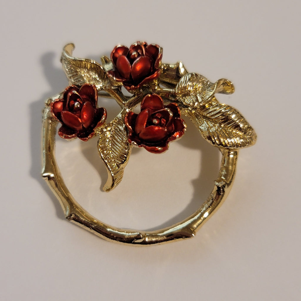Vintage Gerry's Gold Tone Red Rose Wreath Brooch