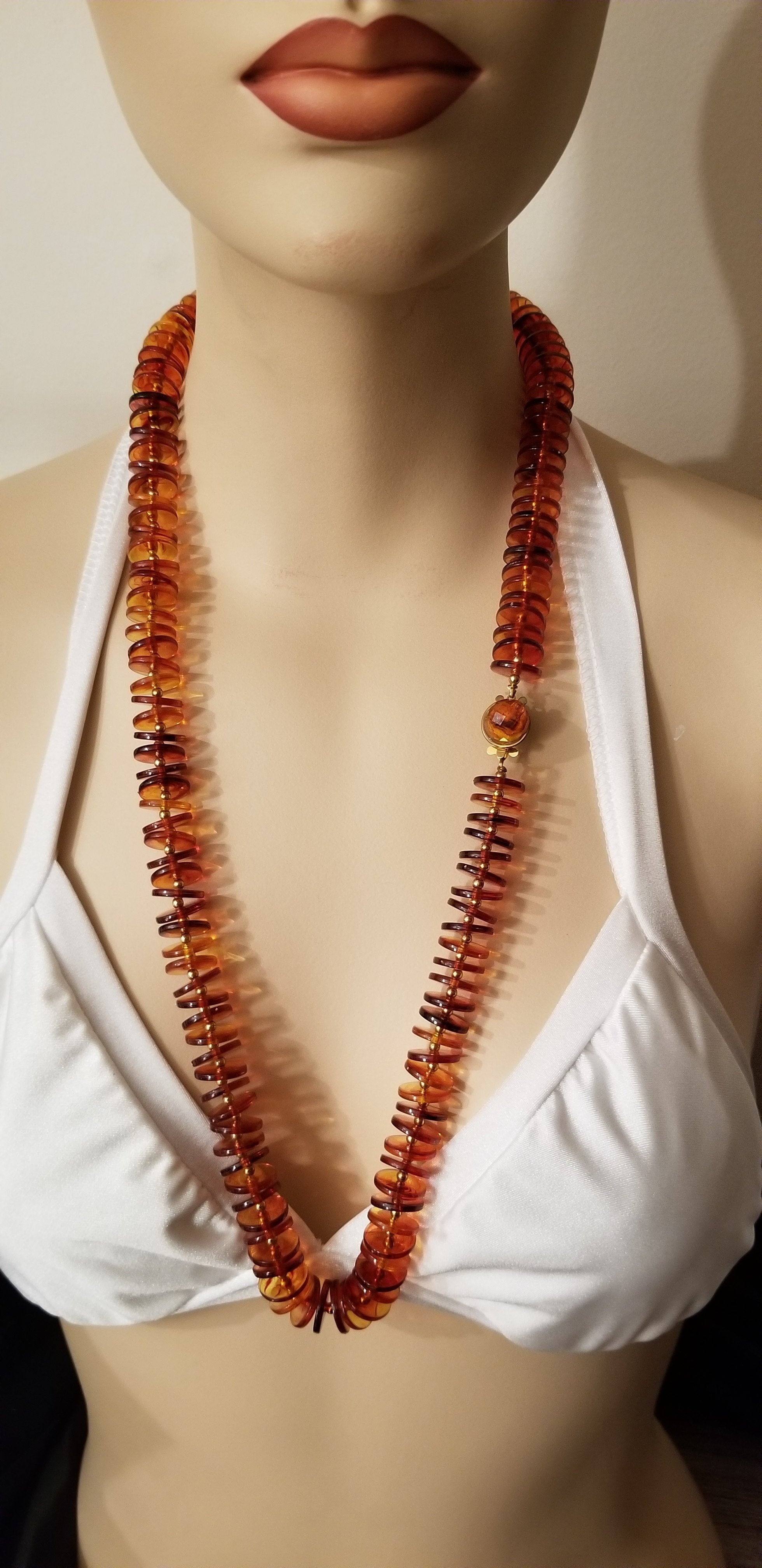 Vintage Amber Colored Disc Bead Necklace