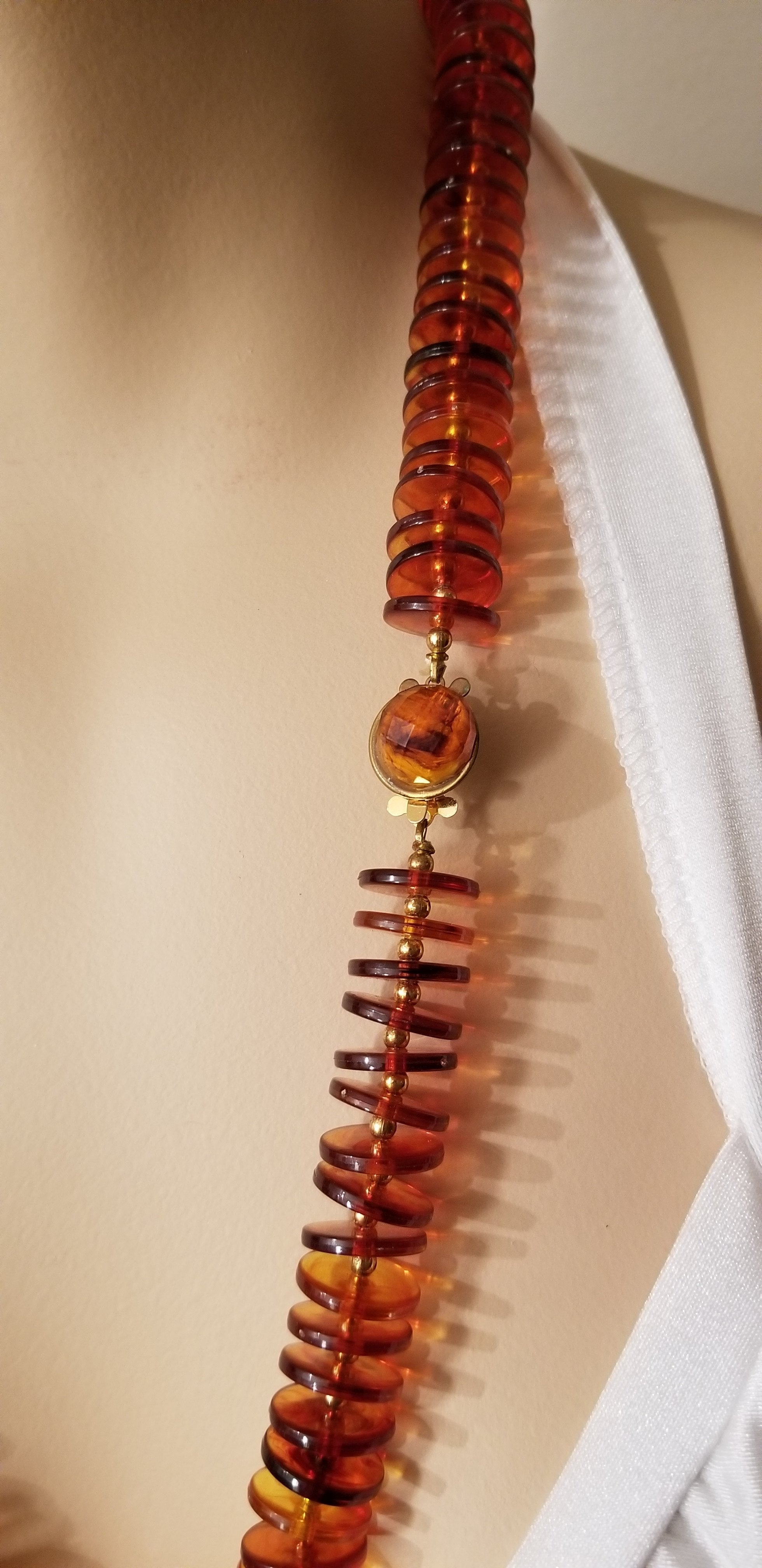 Vintage Amber Colored Disc Bead Necklace