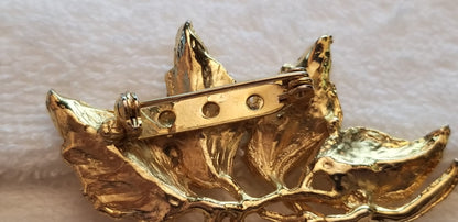 Vintage Gold Tone Pearl Leaves Brooch