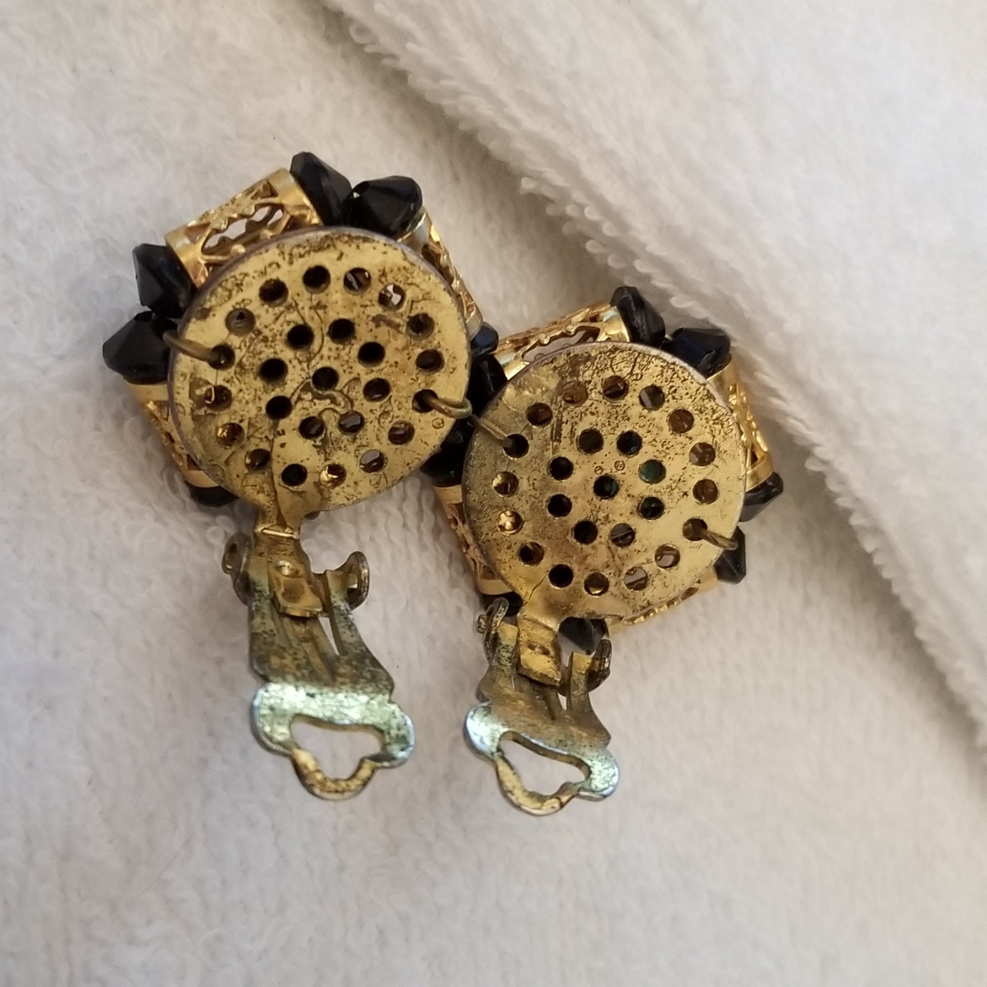 Vintage Black And Gold Button Clip On Earrings