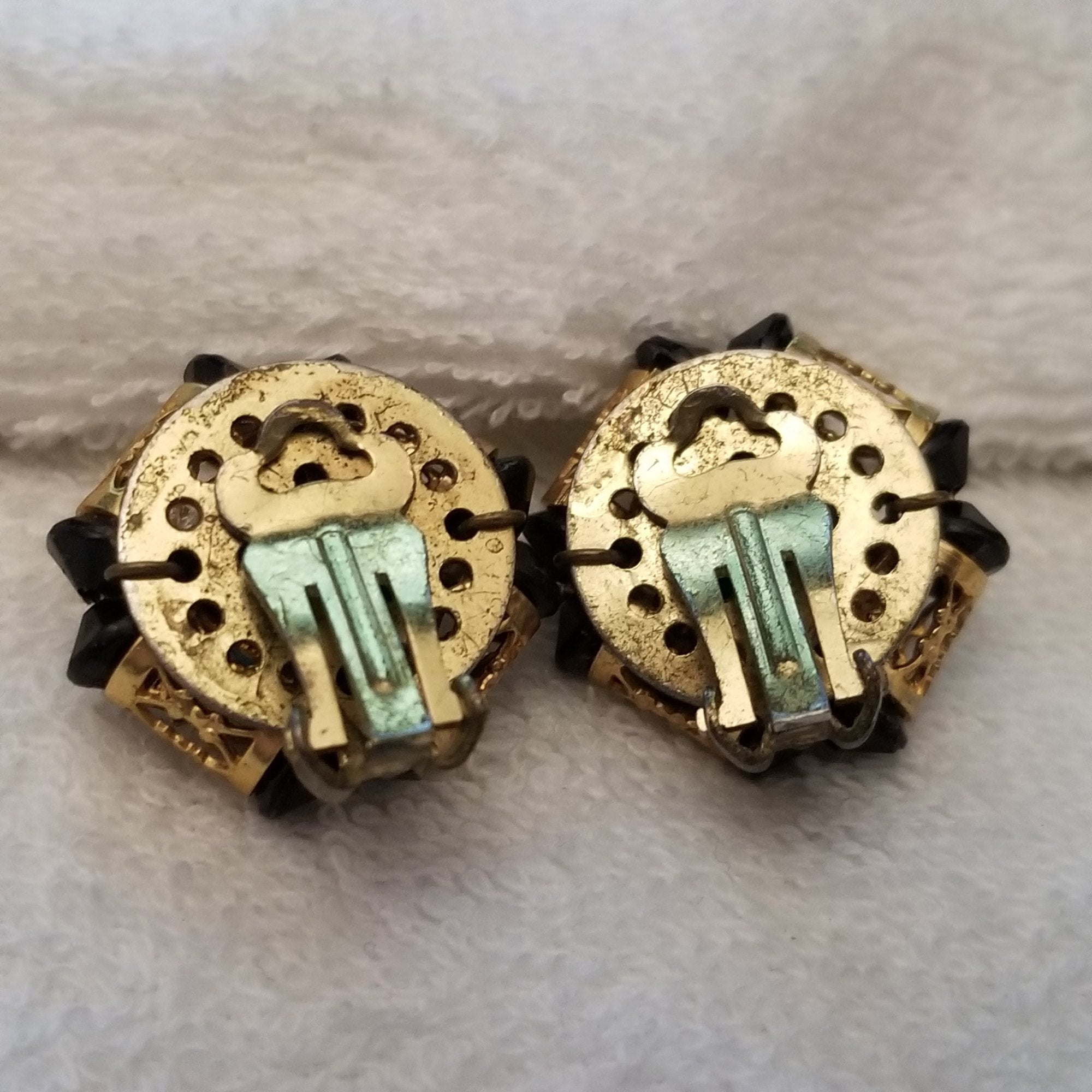 Vintage Black And Gold Button Clip On Earrings