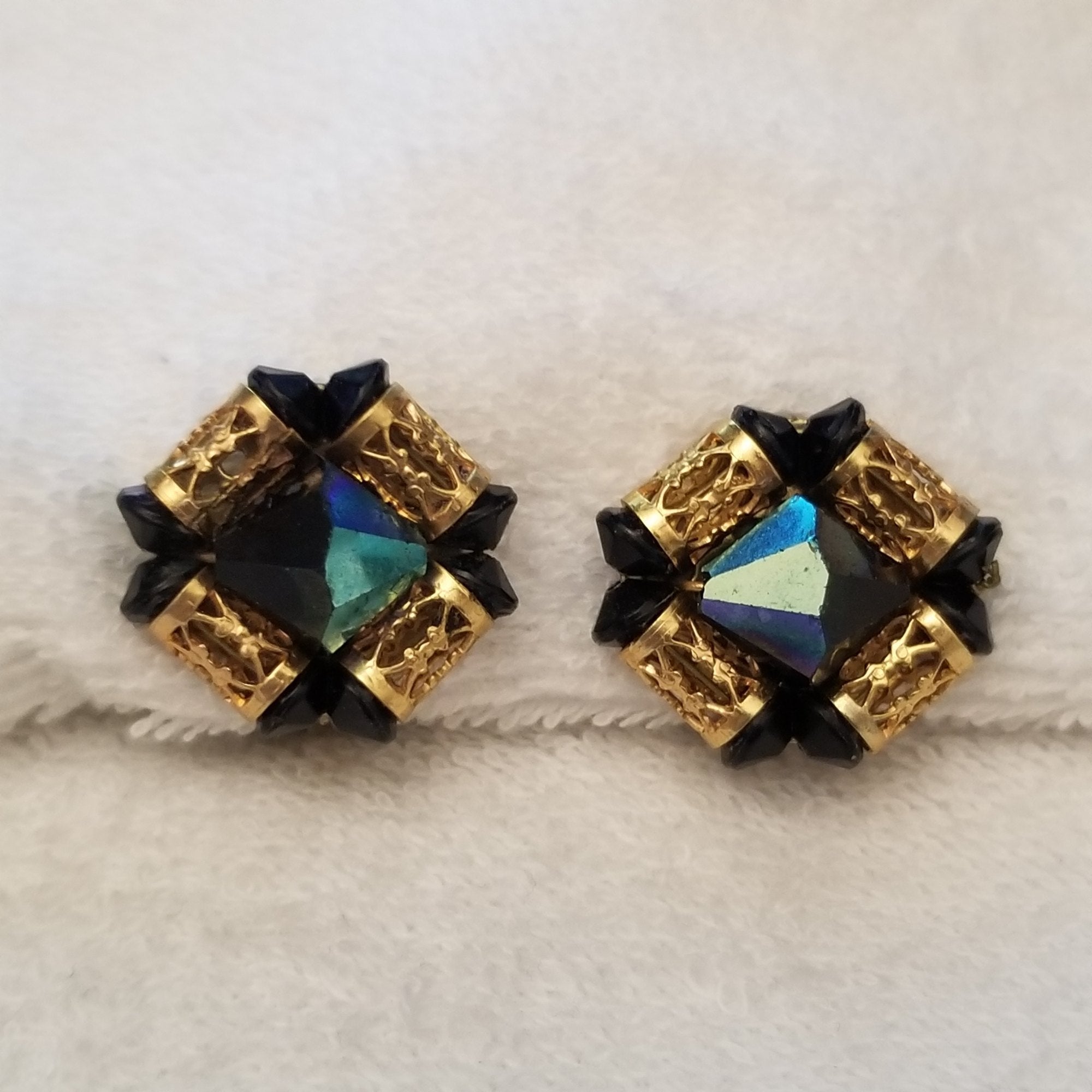 Vintage Black And Gold Button Clip On Earrings