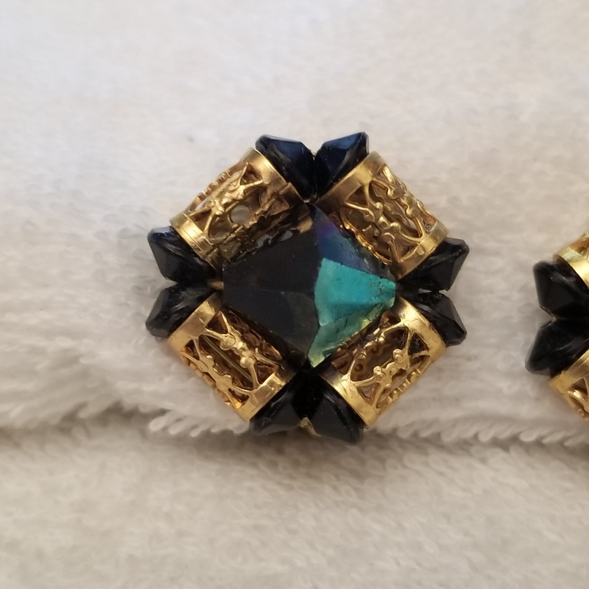 Vintage Black And Gold Button Clip On Earrings