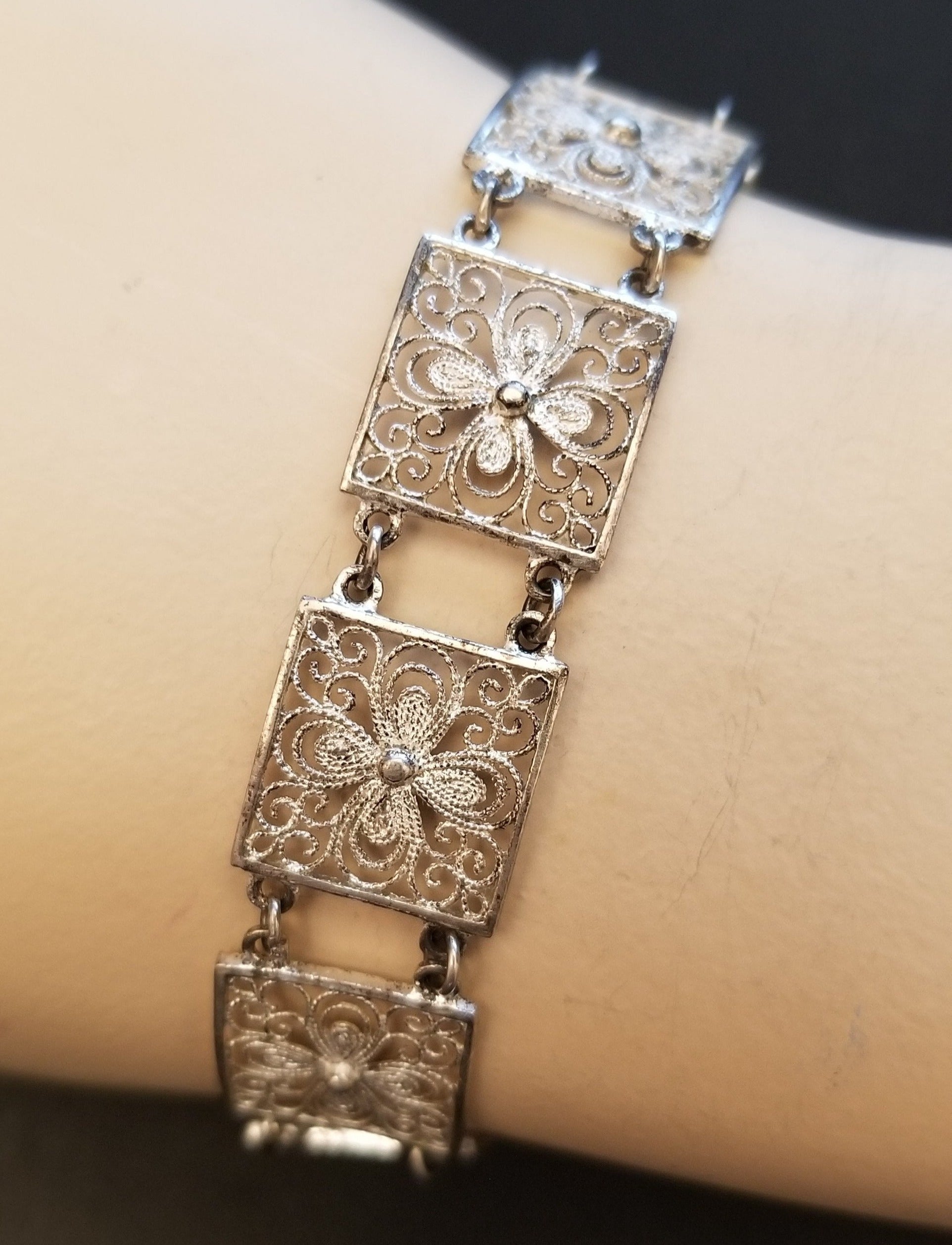 Vintage 835 Silver Filigree Flower Panel Bracelet