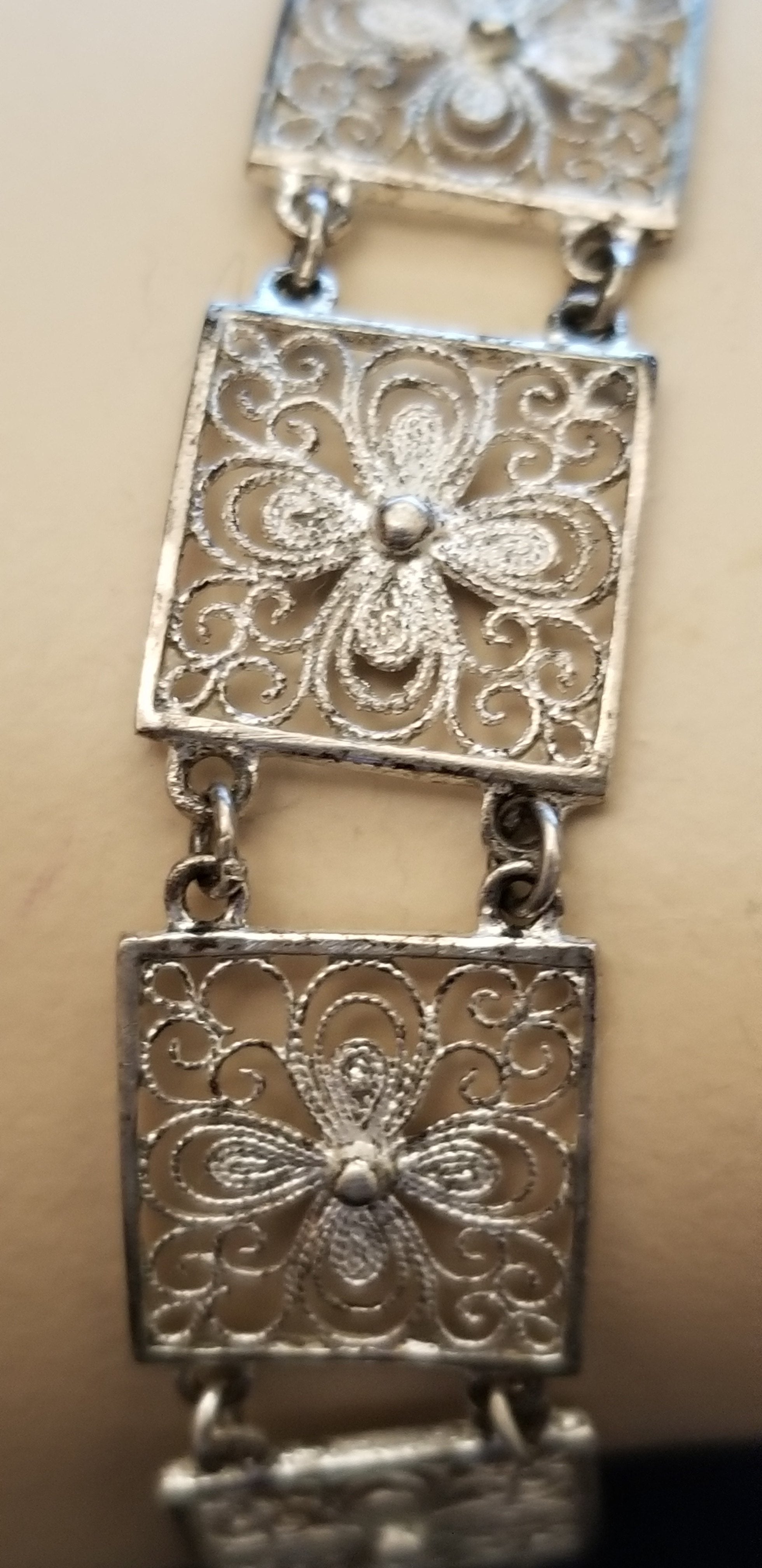Vintage 835 Silver Filigree Flower Panel Bracelet