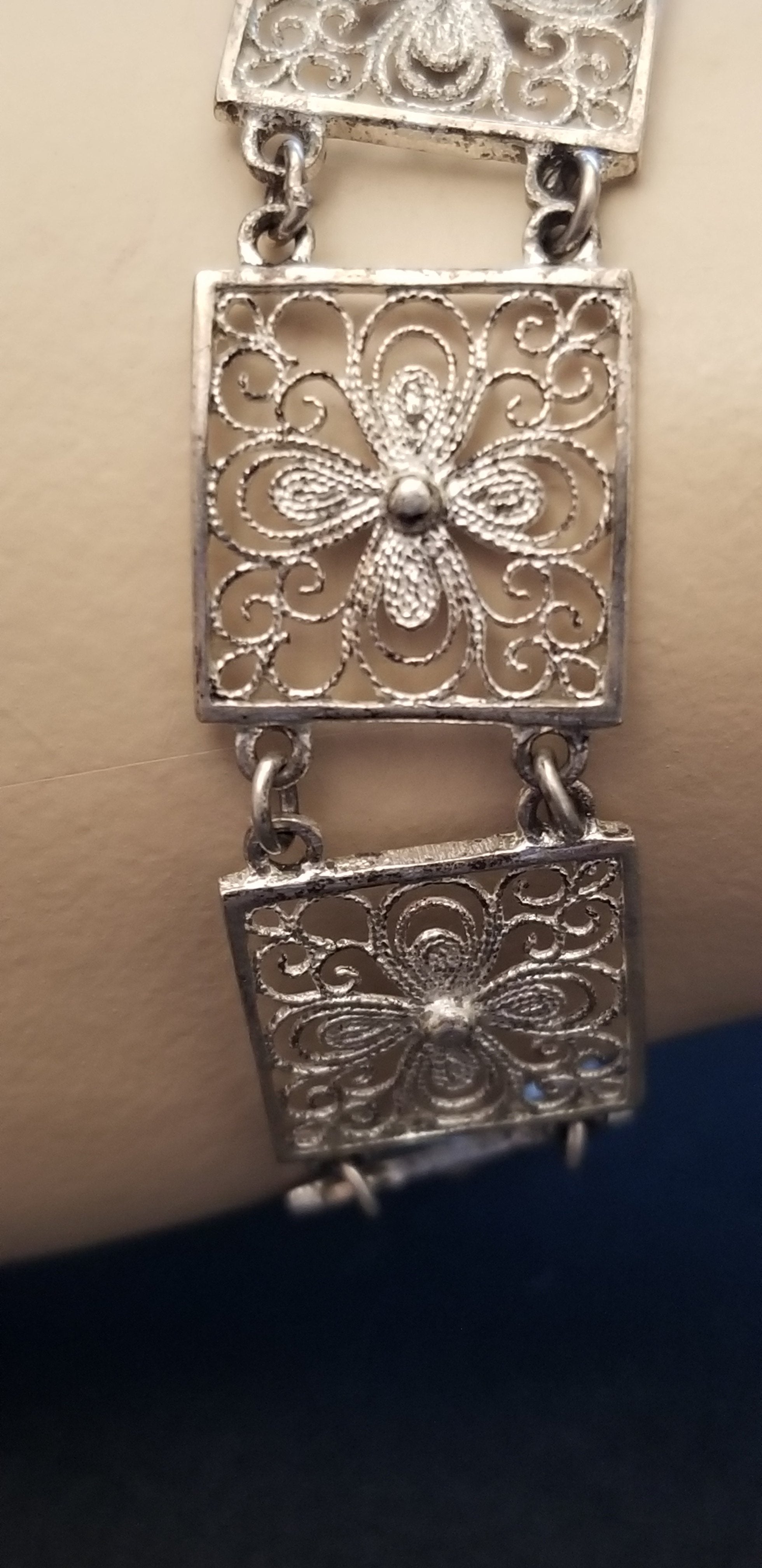Vintage 835 Silver Filigree Flower Panel Bracelet