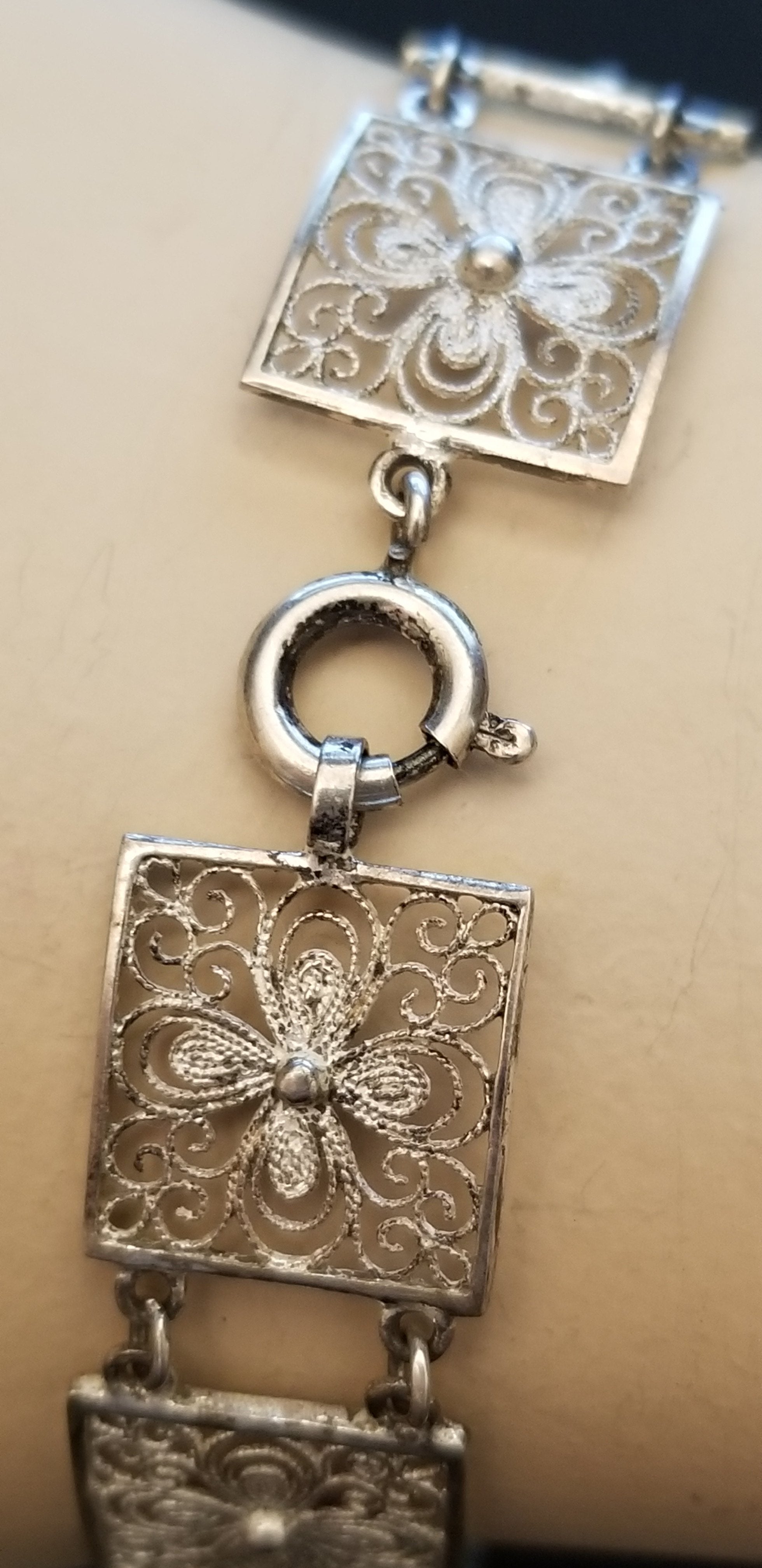 Vintage 835 Silver Filigree Flower Panel Bracelet