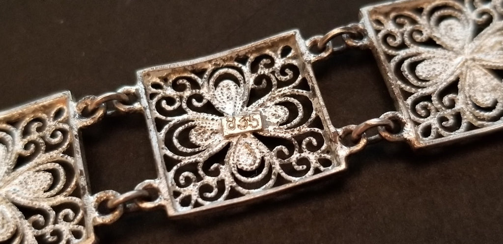 Vintage 835 Silver Filigree Flower Panel Bracelet