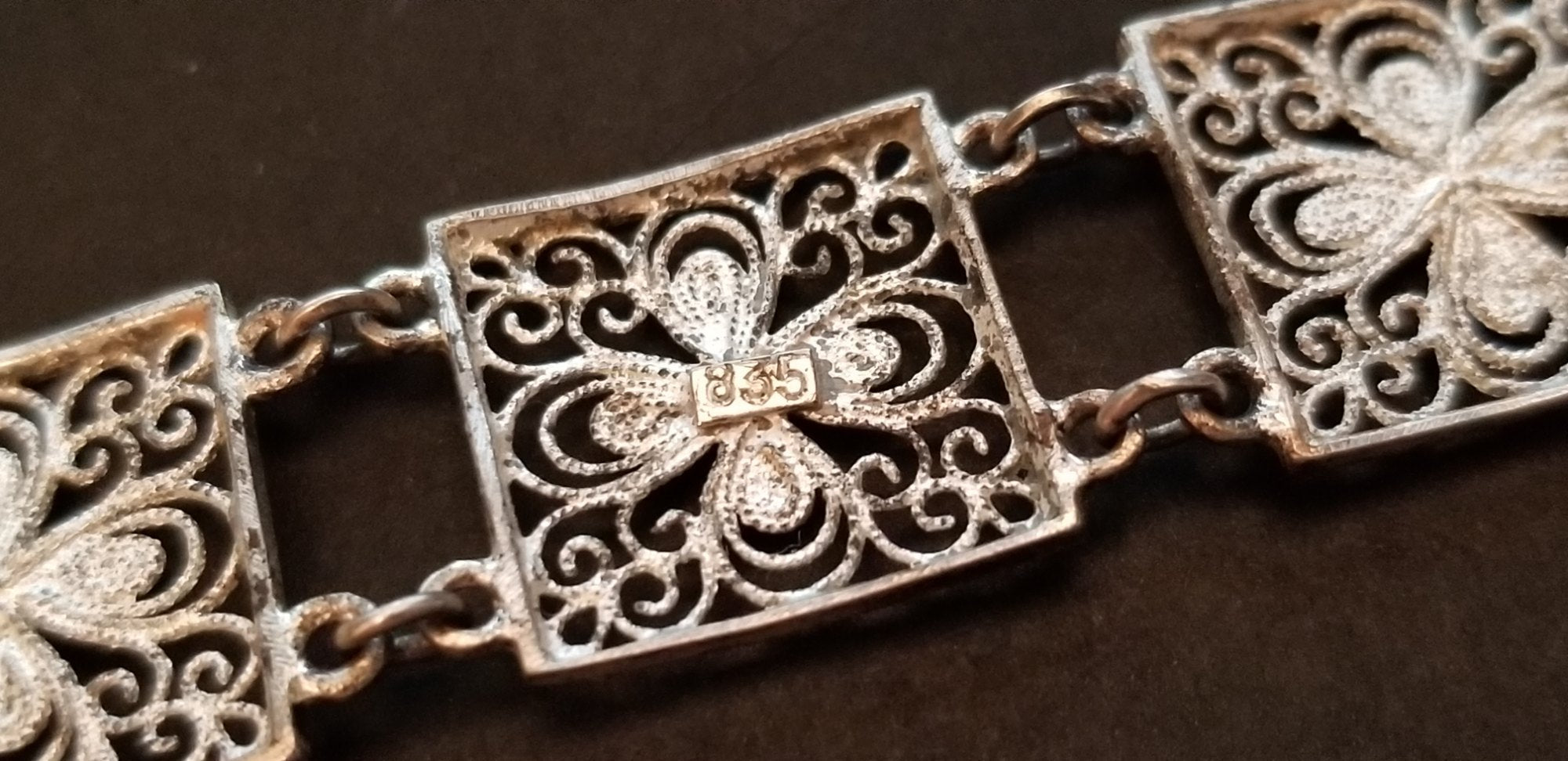 Vintage 835 Silver Filigree Flower Panel Bracelet