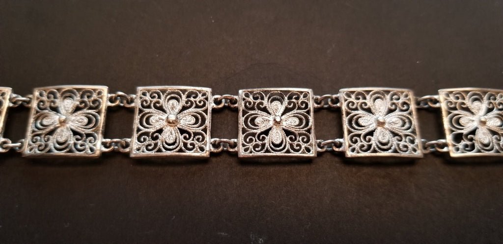 Vintage 835 Silver Filigree Flower Panel Bracelet