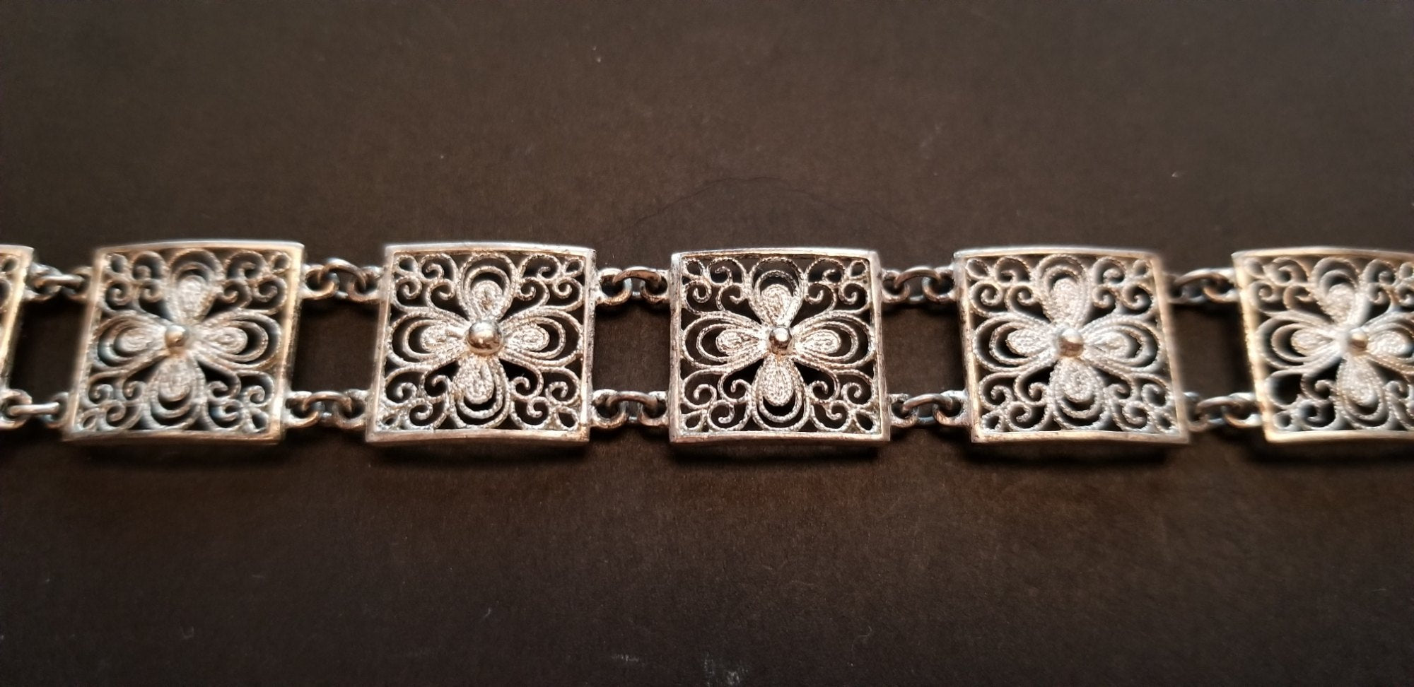 Vintage 835 Silver Filigree Flower Panel Bracelet