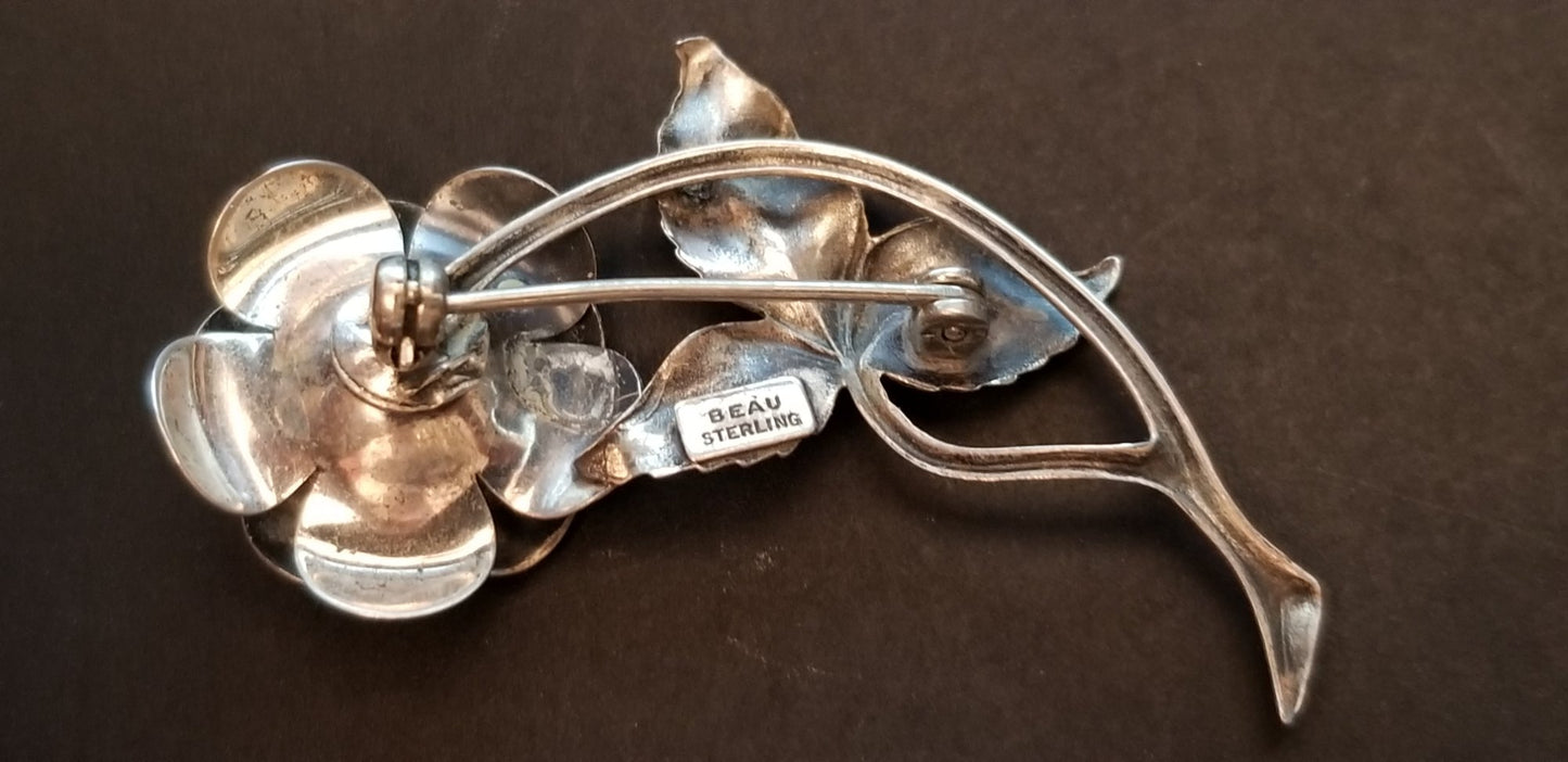 Vintage Beau Sterling Rose Brooch
