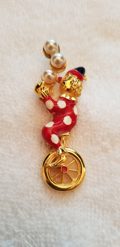 Vintage Juggling Clown On Tricycle Brooch