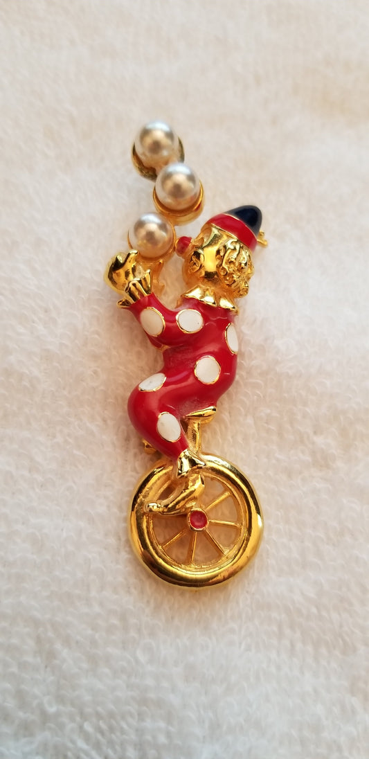 Vintage Juggling Clown On Tricycle Brooch