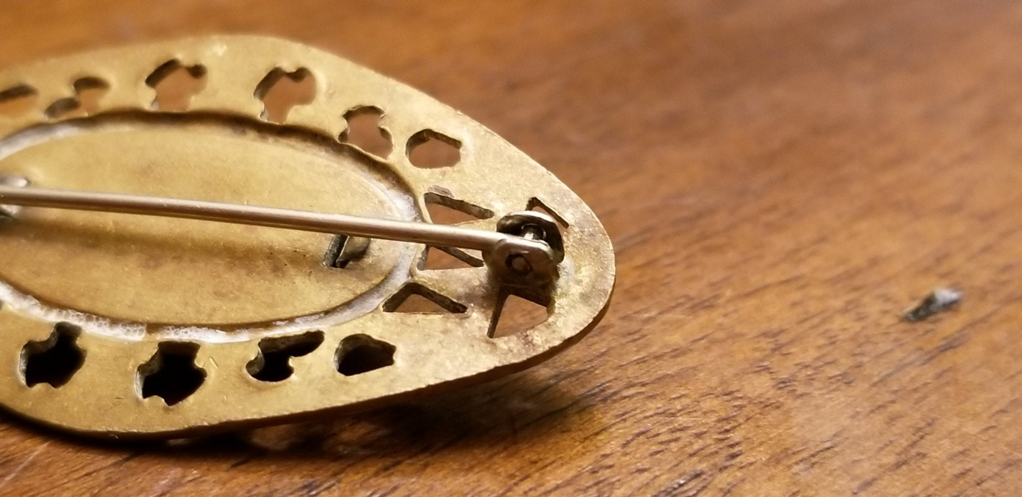 Vintage Brass Blue Oval Cabochon Open Work Brooch