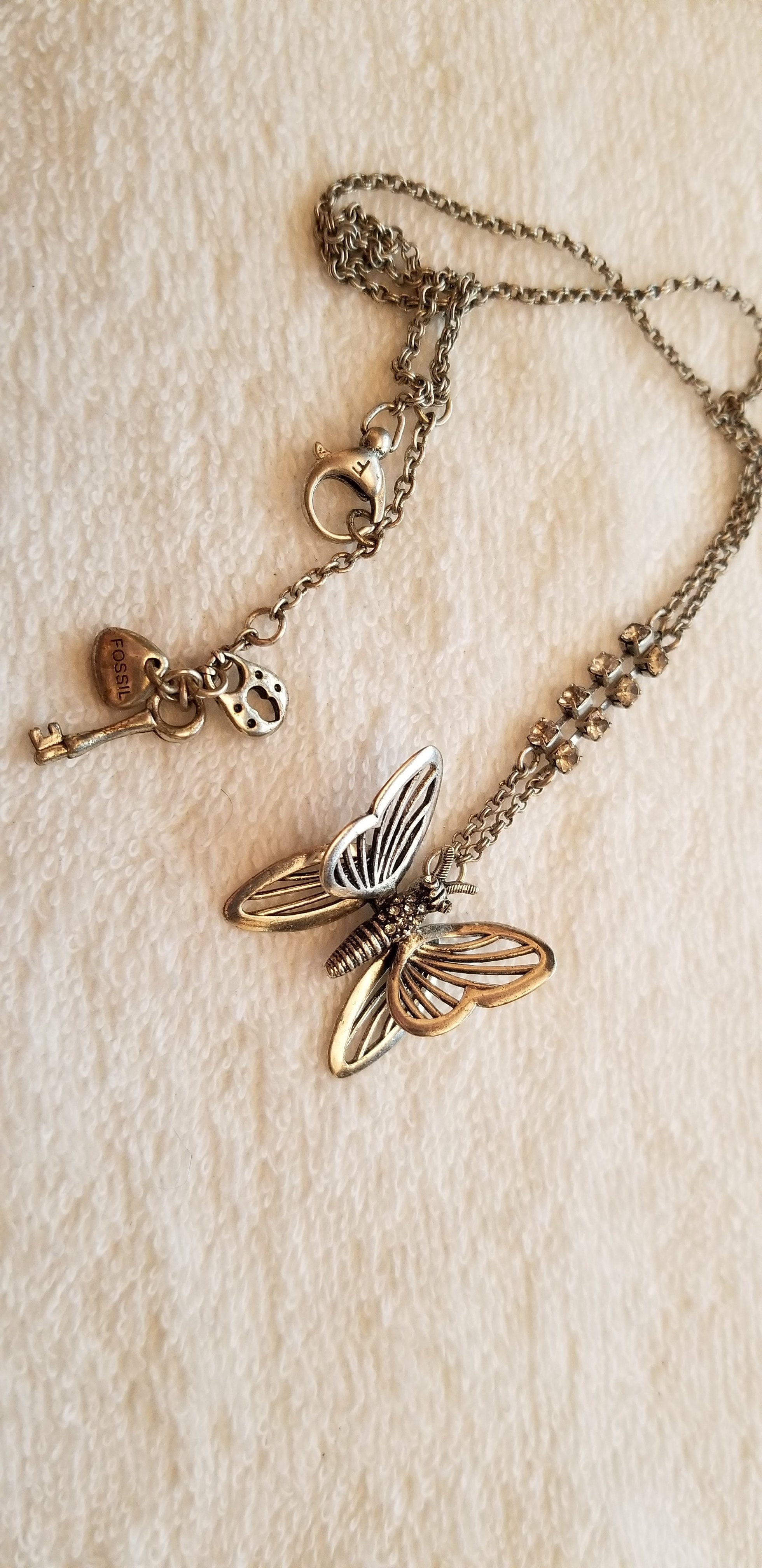 Silver Tone Fossil Butterfly Necklace