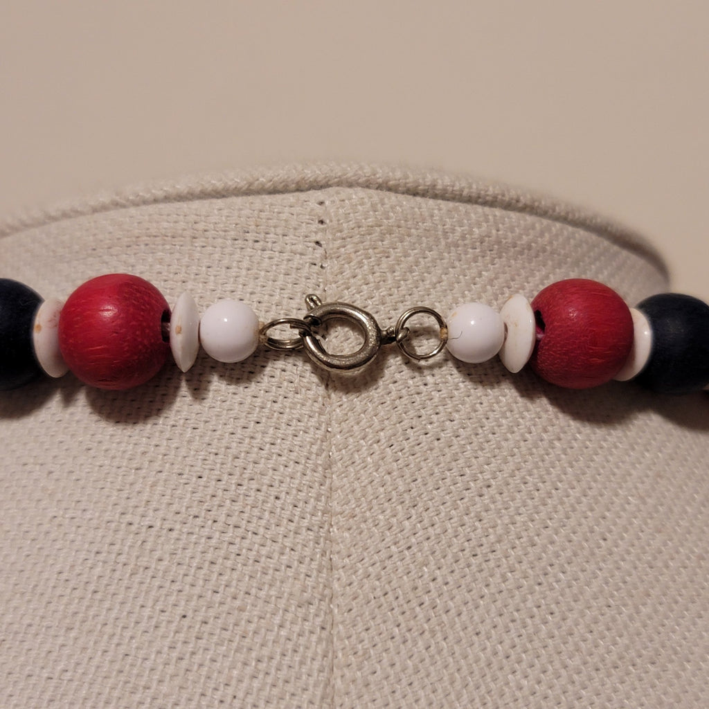 Vintage Red White & blue Wood bead Necklace