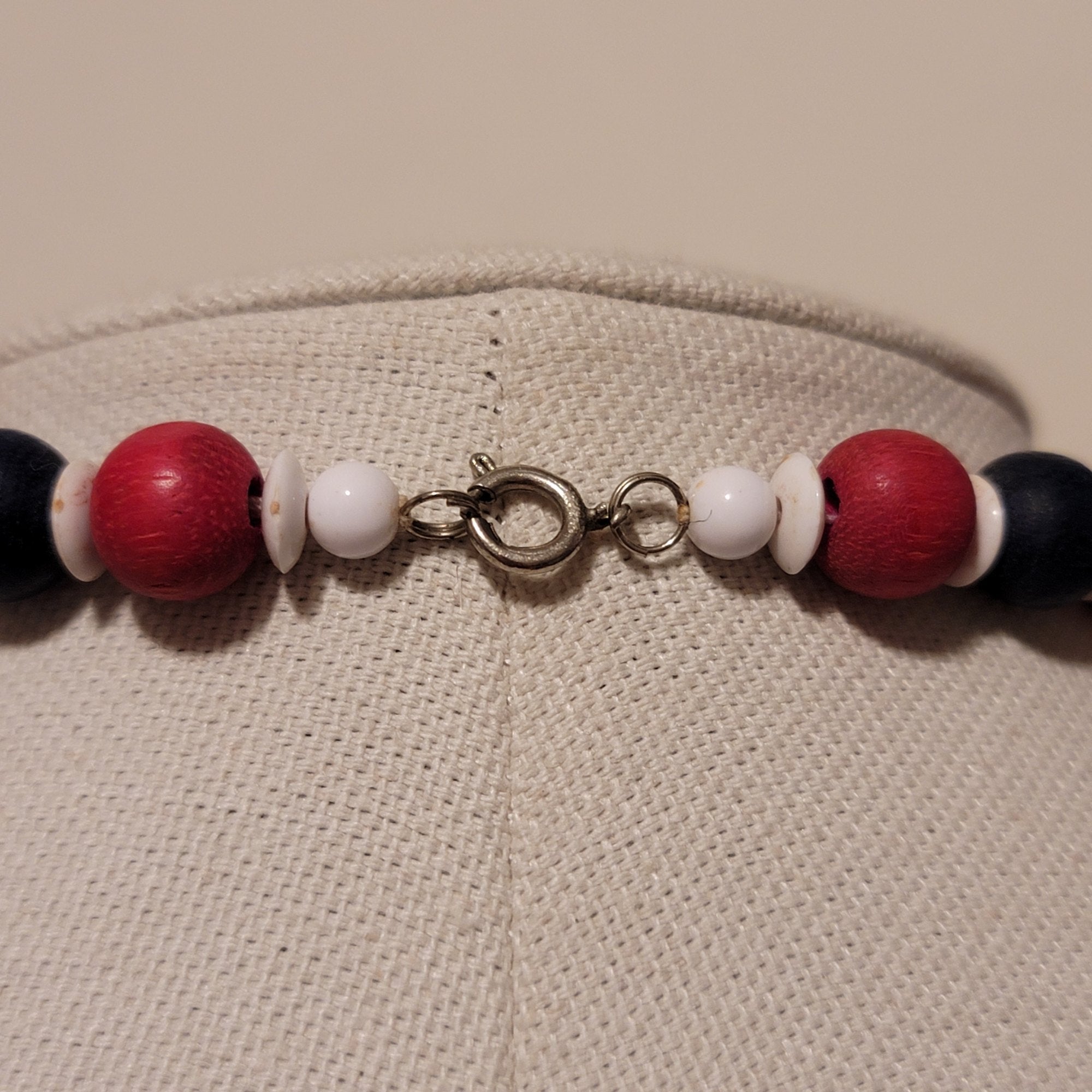 Vintage Red White & blue Wood bead Necklace