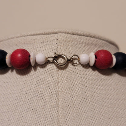 Vintage Red White & blue Wood bead Necklace